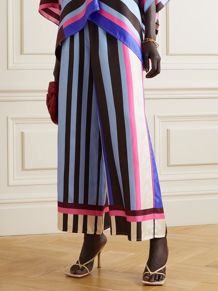 

Mid Waist Elegant Striped Daily Pants, Blue, Wide Leg Pants