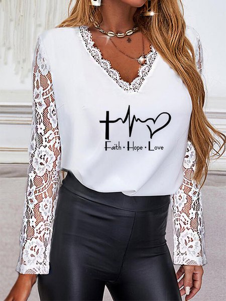 

Letter V Neck Long Sleeve Casual Shirts & Tops, White, T-Shirts