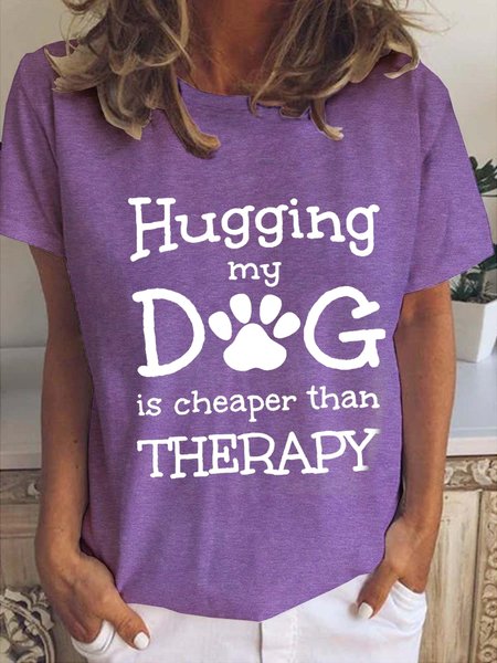 

Hugging My Dog Funny Dog Crew Neck Tops, Purple, T-shirts