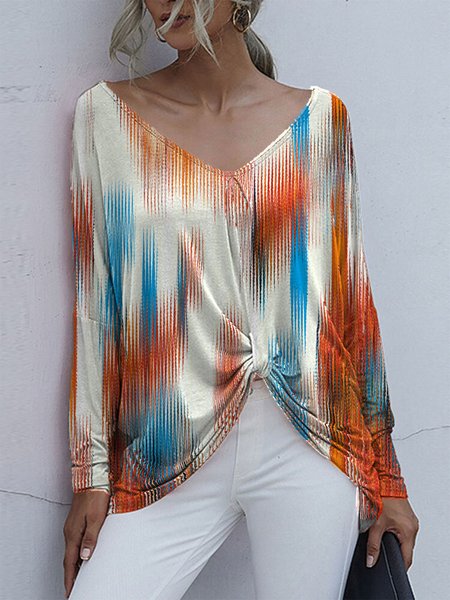 

Gradient printed long-sleeved V-neck loose design casual top for ladies, Multicolor, Tops