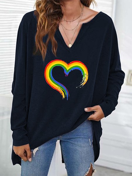 

Rainbow Love Printed V Neck Casual Loosen Shirts & Tops, Deep blue, Tops