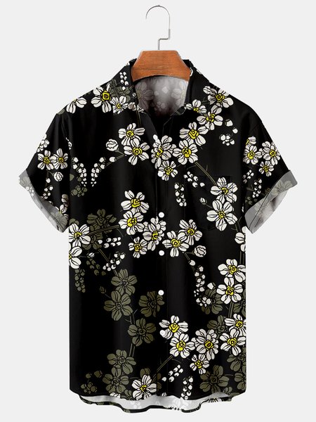 

Mens Floral Print Casual Breathable Chest Pocket Short Sleeve Hawaiian Shirts, Black, Shirts ＆ Blouse