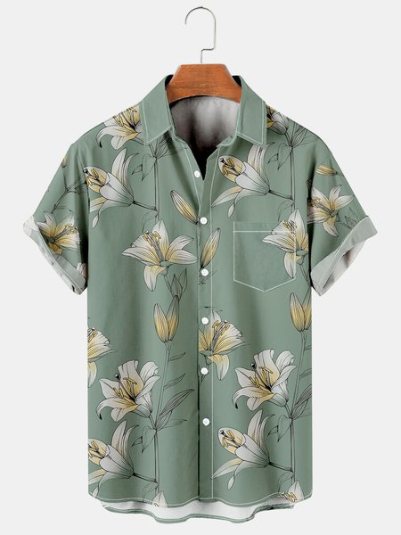 

Mens Vintage Floral Print Casual Breathable Chest Pocket Short Sleeve Hawaiian Shirts, Green, Shirts ＆ Blouse