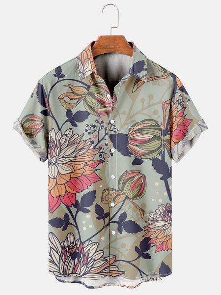 

Mens Tropical Floral Print Casual Breathable Chest Pocket Short Sleeve Hawaiian Shirts, Green, Shirts ＆ Blouse