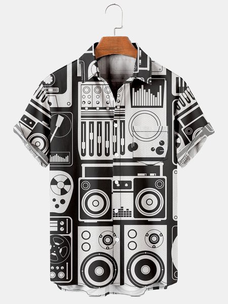

Mens Vintage Music Audio Print Casual Breathable Chest Pocket Short Sleeve Hawaiian Shirts, Black, Shirts ＆ Blouse