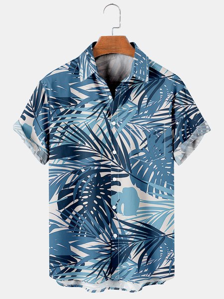 

Mens Tropical Palm Leaves & Monstera Ceriman Leaves Print Casual Breathable Chest Pocket Short Sleeve Hawaiian Shirts, Blue, Shirts ＆ Blouse