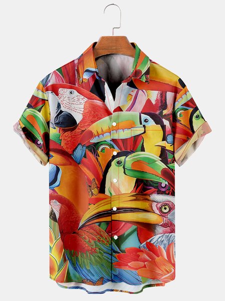 

Mens Tropical Toco Toucan Parrots Print Casual Breathable Chest Pocket Short Sleeve Hawaiian Shirts, Red, Men's Floral shirt