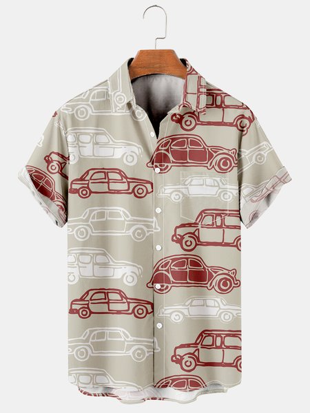 

Mens Vintage Cars Print Casual Breathable Chest Pocket Short Sleeve Hawaiian Shirts, Khaki, Men's Floral shirt