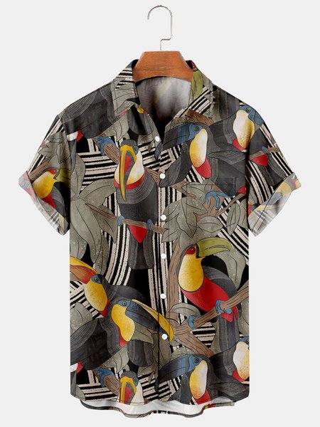 

Mens Tropical Toco Toucan Parrots Print Casual Breathable Chest Pocket Short Sleeve Hawaiian Shirts, Gray, Men's Floral shirt