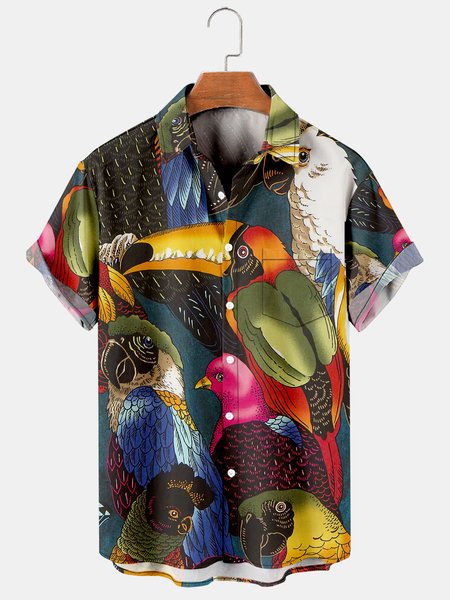 

Mens Tropical Toco Toucan Parrots Print Casual Breathable Chest Pocket Short Sleeve Hawaiian Shirts, Black, Men's Floral shirt