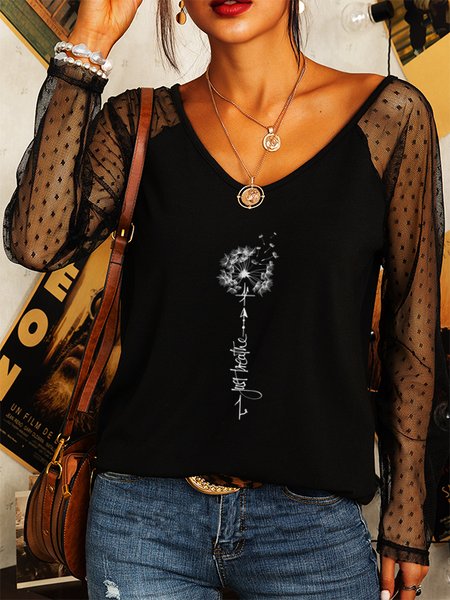 

Lace Casual Long Sleeve V Neck Shirts & Tops, Black, T-Shirts