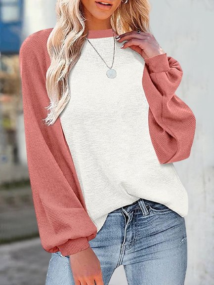 

Color-block Long Sleeves Crew Neck Plus Size Casual Tops, Pink-white, Tops
