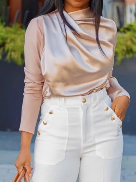 

Spring Asymmetrical Neck Regular Fit Plain Long sleeve Daily Top, Pink, Tops
