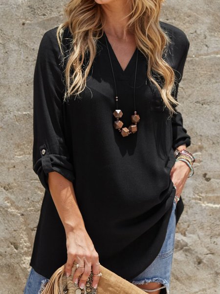 

Plain Long Sleeve V Neck Pocket Plus Size Casual Tops, Black, Tops