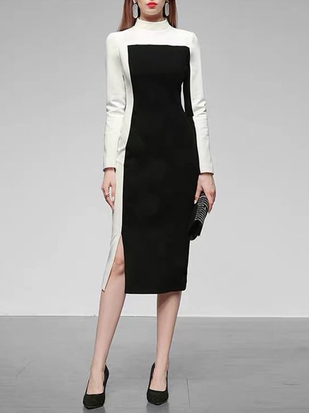 

Skinny Daily Long Sleeve Solid Midi Dress, Black-white, Midi Dresses