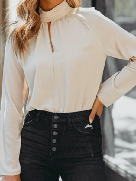 

Spring Simple Lightweight Daily Stand Collar Long sleeve Top, Apricot, Tops