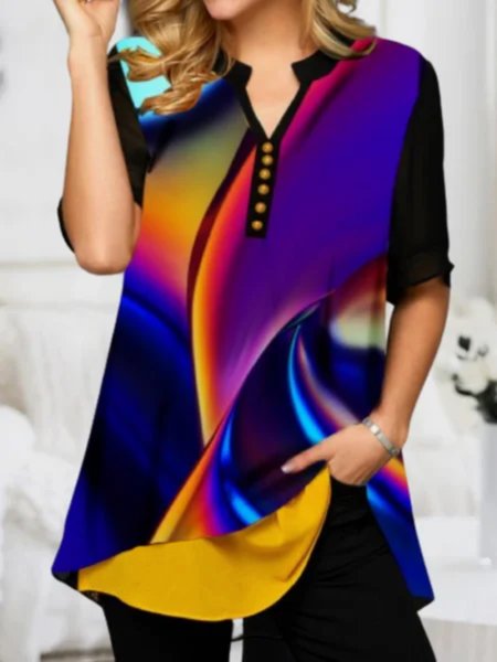 

Casual Half Sleeve V Neck Plus Size Printed Tops Women, Multicolor, Tops