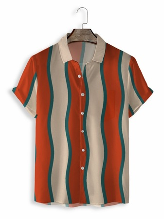 

3D Digital Print Striped Beige Men's Casual Loose Shirt, Red, Shirt