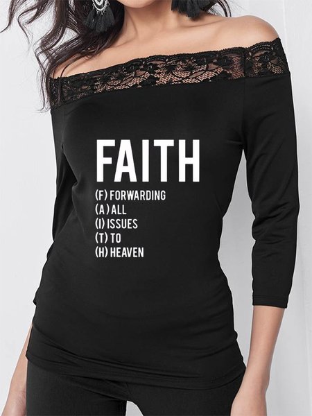 

Letter Lace Off The Shoulder Casual Shirts & Tops, Black, T-Shirts