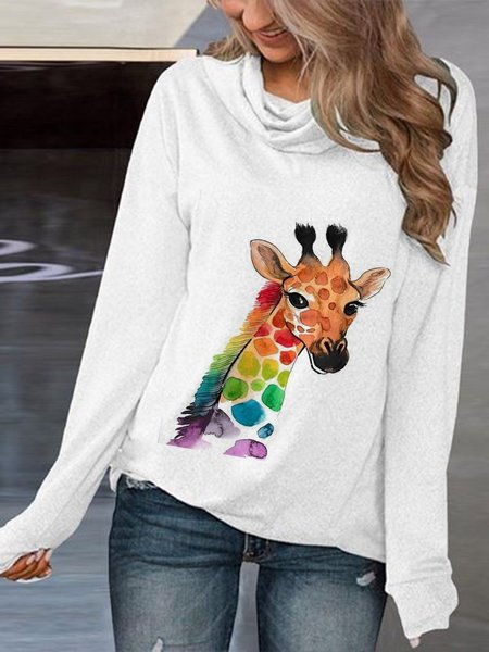 

Casual Giraffe Printed Cowl Neck Loosen Sweatshirt, White, Hoodies & Sweatshirts