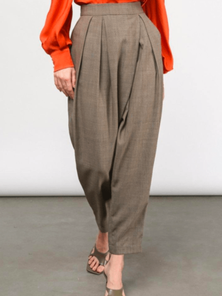 

Spring Plain Simple Zipper fly Daily Non-Stretch Pants, Brown, Wide Leg Pants
