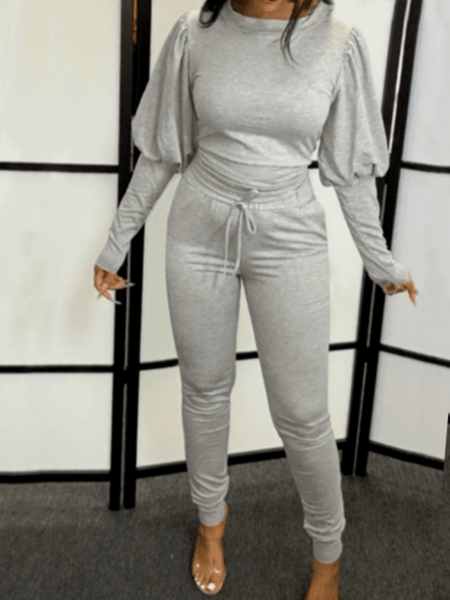 

Spring Long sleeve Crew Neck Casual Top With Pants Lightweight Two Piece Sets, Gray, Pants Set