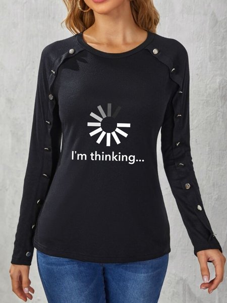 

I'm Thinking Casual Long sleeve Round Neck Plus Size Tops T-shirts, Black, T-Shirts