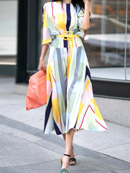 

Crew Neck Elegant Geometric Printed Three Quarter Dress, Multicolor, Midi Dresses