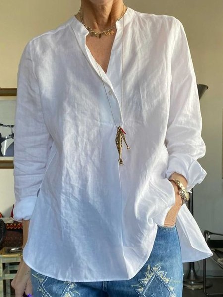 

Casual V neck Loosen Long Sleeve Shirts & Tops, White, Tops