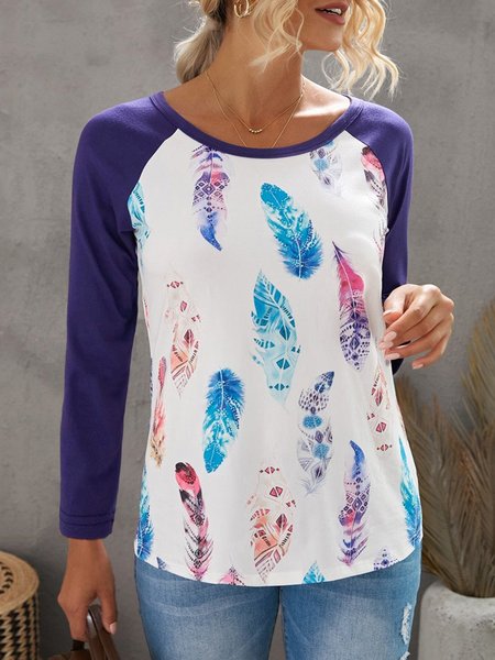 

Long Sleeve Feathers Printed Crew Neck Plus Size Casual Tops, Multicolor, T-Shirts