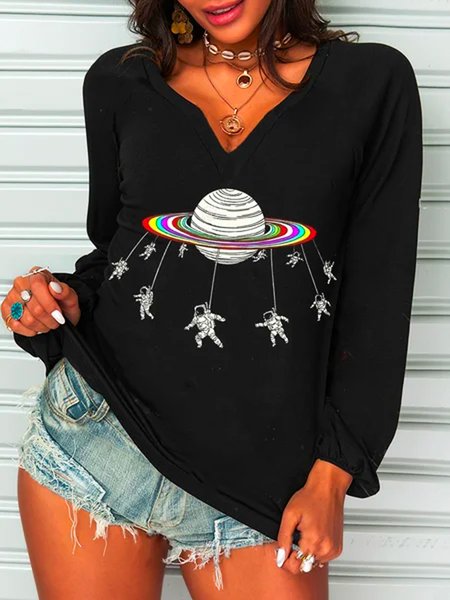 

V Neck Loosen Cotton Blends Shirts & Tops, Black, T-Shirts
