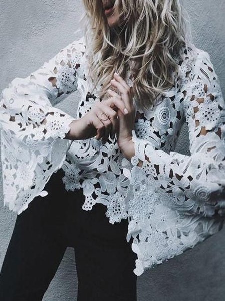 

Elegant Flare Sleeve Crew Neck Floral Top, White, Blouses and Shirts