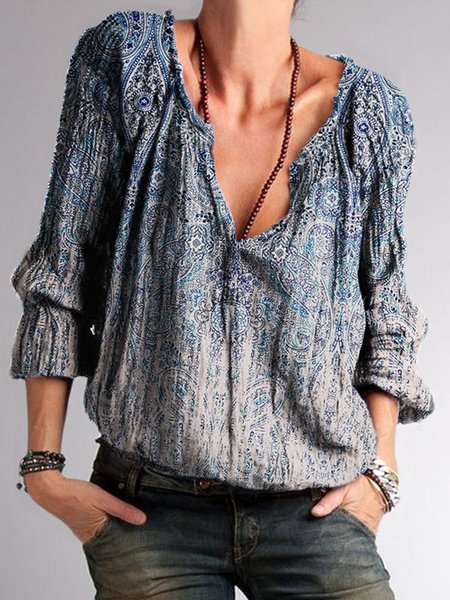 V neck Loosen Ombre Shirts & Tops, Blue, Blouses & Shirts