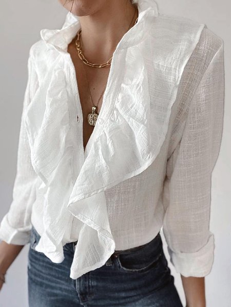 

Cotton Blends Casual Loosen Shirts & Tops, White, Blouses & Shirts