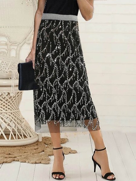 

New mesh Sequin elastic waist fit geometric wave point party holiday mid length skirt Plus Size Gliter Sequins, Black, Skirts