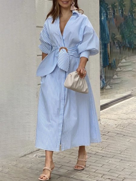 

Striped Bishop Sleeve Elegant Maxi Dress, Blue, Maxi Dresses