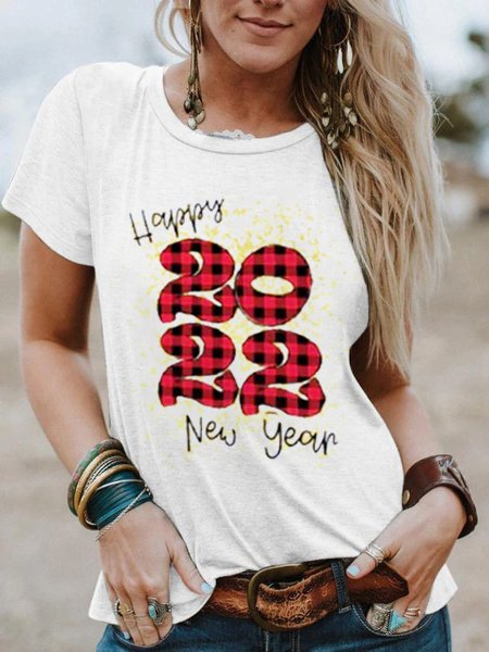 

2022 Happy New Year Cotton Blends Casual Shirts & Tops, White, T-Shirts