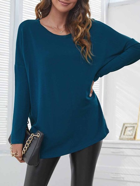 

Casual Long sleeve Round Neck Plus Size Tops T-shirts, Blue, T-Shirts