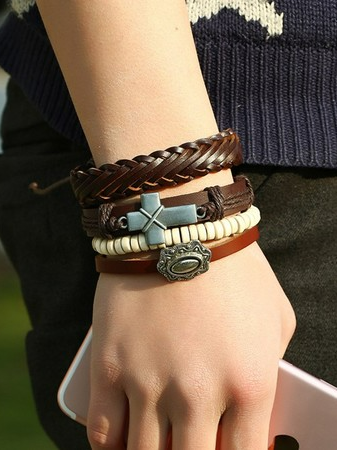 

Men's Retro Suit Cross Leather Bracelet, As picture, Rings