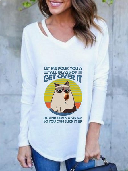 Casual Long sleeve Round Neck Plus Size Tops T-shirts, White, T-Shirts