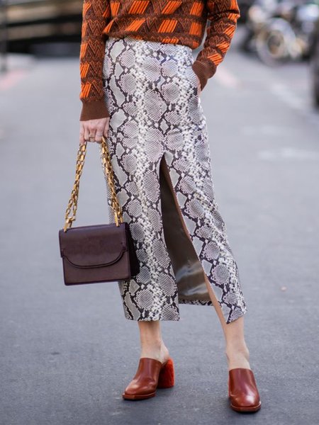 

Lady Snakeskin Regular Fit Skirt, As picture, Midi Skirts