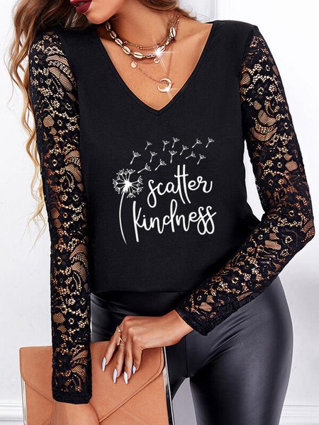

Mesh Letter V Neck Casual Shirts & Tops, Black, T-Shirts