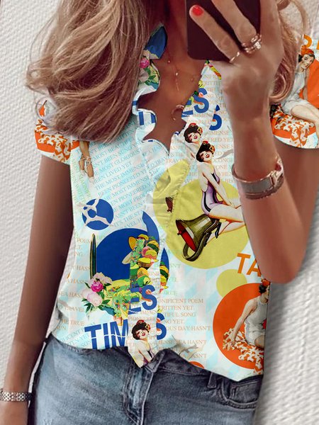 

Letter Newspaper Style Printed Casual Spring New Product Comfortable Ladies Top, Multicolor, T-Shirts