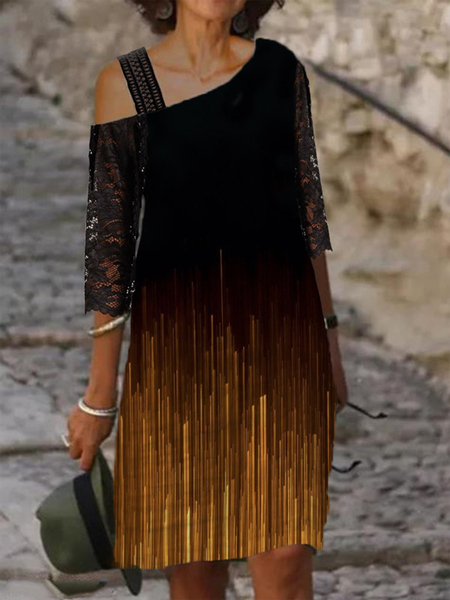 

Lace Sleeve Striped Art Print Casual One Shoulder Mini Dresses, Black, Casual Dresses