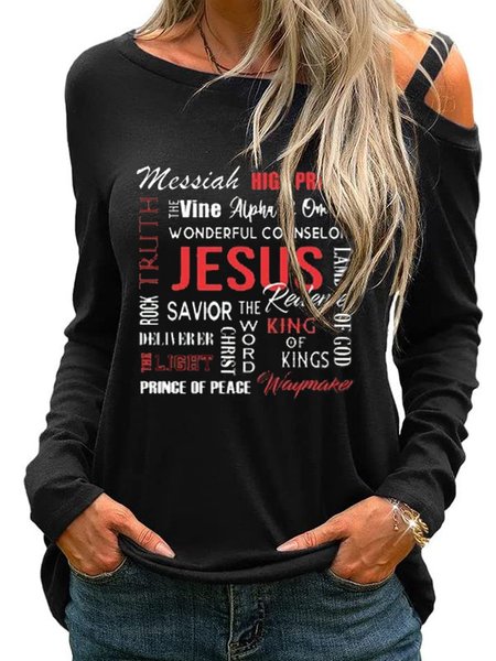 

Long Sleeve Letter One Shoulder Casual Shirts & Tops, Black, T-Shirts