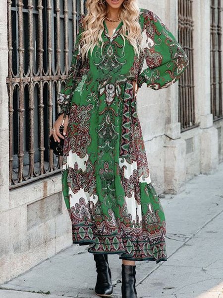 

V Neck Boho loosen long tribal Dresses, Green, Maxi Dresses