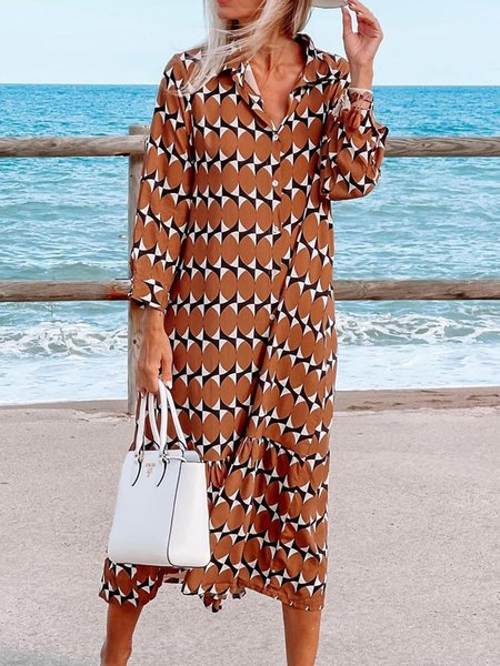 

Tribal Ethnic Shirt Collar Boho Geometric Dresses, Flower, Midi Dresses