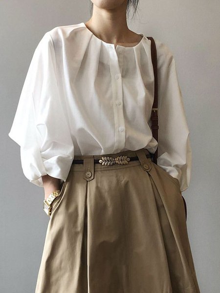 

Loosen Crew Neck Puff Sleeve Casual Top, White, Blouses and Shirts