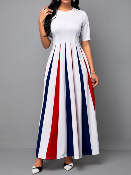 

Crew Neck Casual Striped Weaving Dress, White, Maxi Dresses