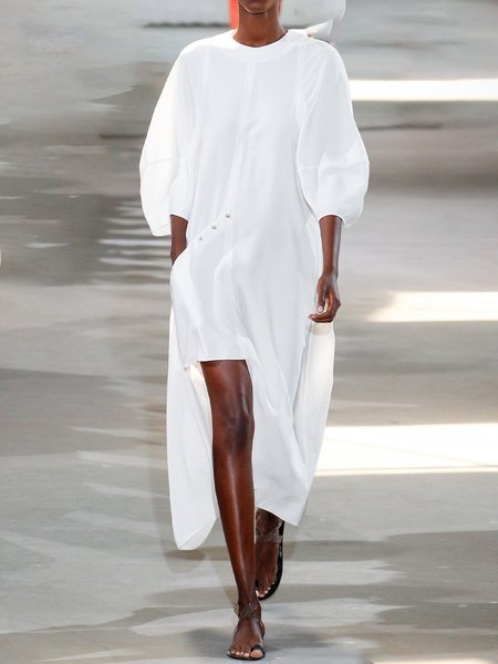 

Loosen Casual Three Quarter Midi Dress, White, Midi Dresses